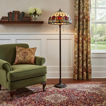 62" Brown Two Light Traditional Shaped Floor Lamp With Red Flowers Stained Glass Dome Shade