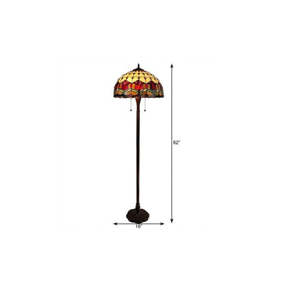 62" Brown Two Light Traditional Shaped Floor Lamp With Red Flowers Stained Glass Dome Shade