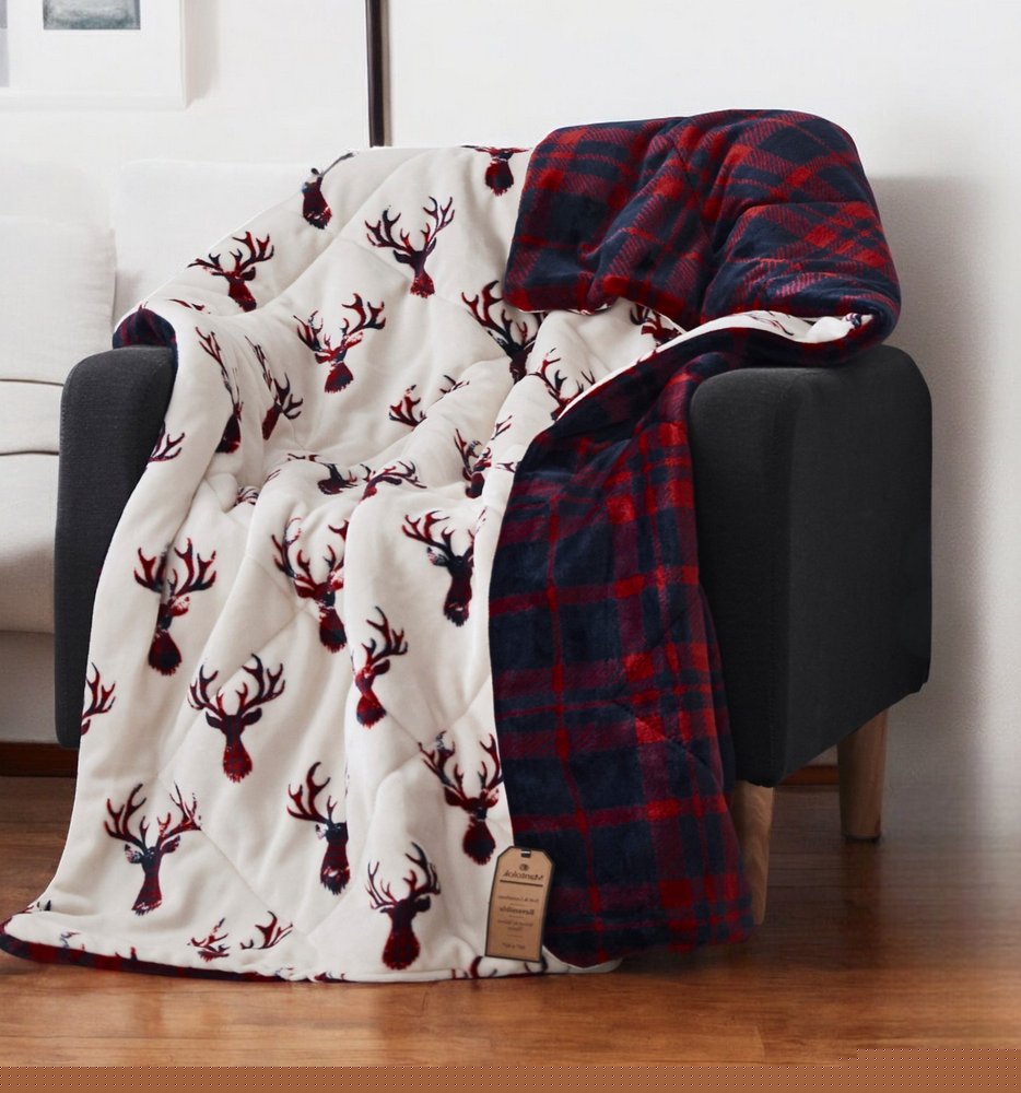 Deer Head Red Navy Printed Velvet and Velvet Throw Blanket