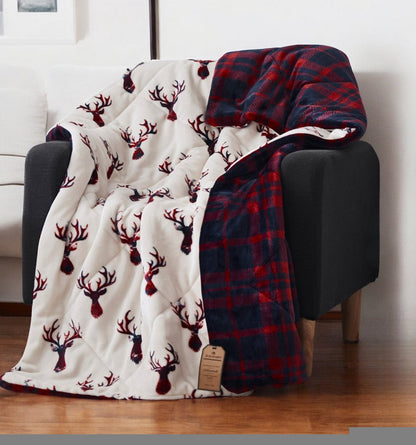 Deer Head Red Navy Printed Velvet and Velvet Throw Blanket