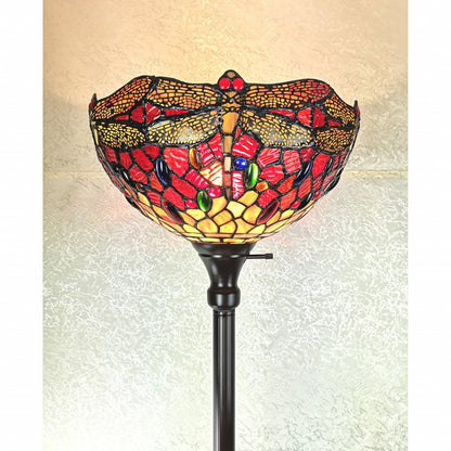 69" Black And Red Torchiere Floor Lamp With Red Dragonfly Glass Dome Shade