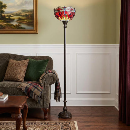 69" Black And Red Torchiere Floor Lamp With Red Dragonfly Glass Dome Shade