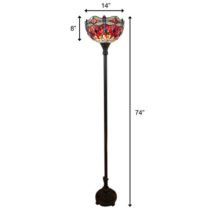 69" Black And Red Torchiere Floor Lamp With Red Dragonfly Glass Dome Shade