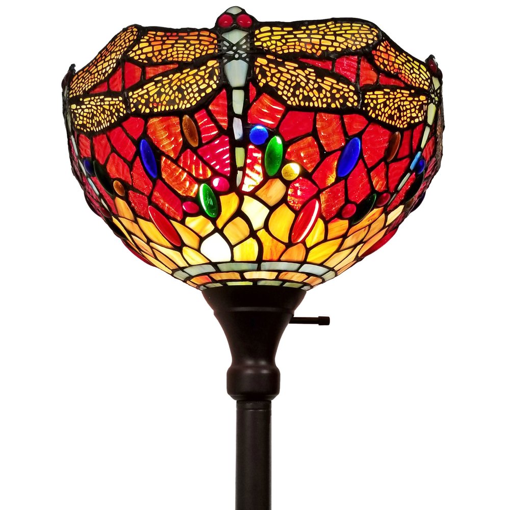 69" Black And Red Torchiere Floor Lamp With Red Dragonfly Glass Dome Shade