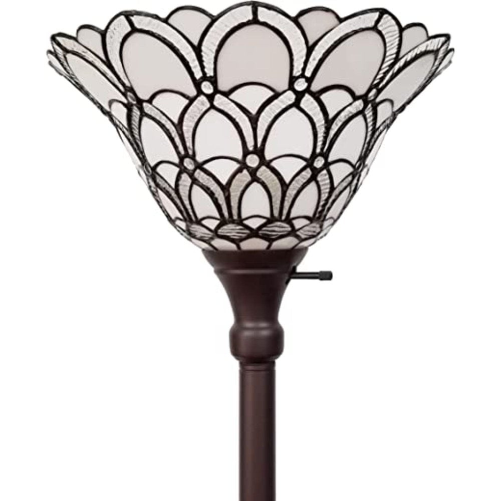 62" Brown And White Floor Lamp With White Peacock Feather Glass Bell Shade