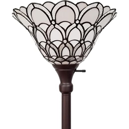 62" Brown And White Floor Lamp With White Peacock Feather Glass Bell Shade