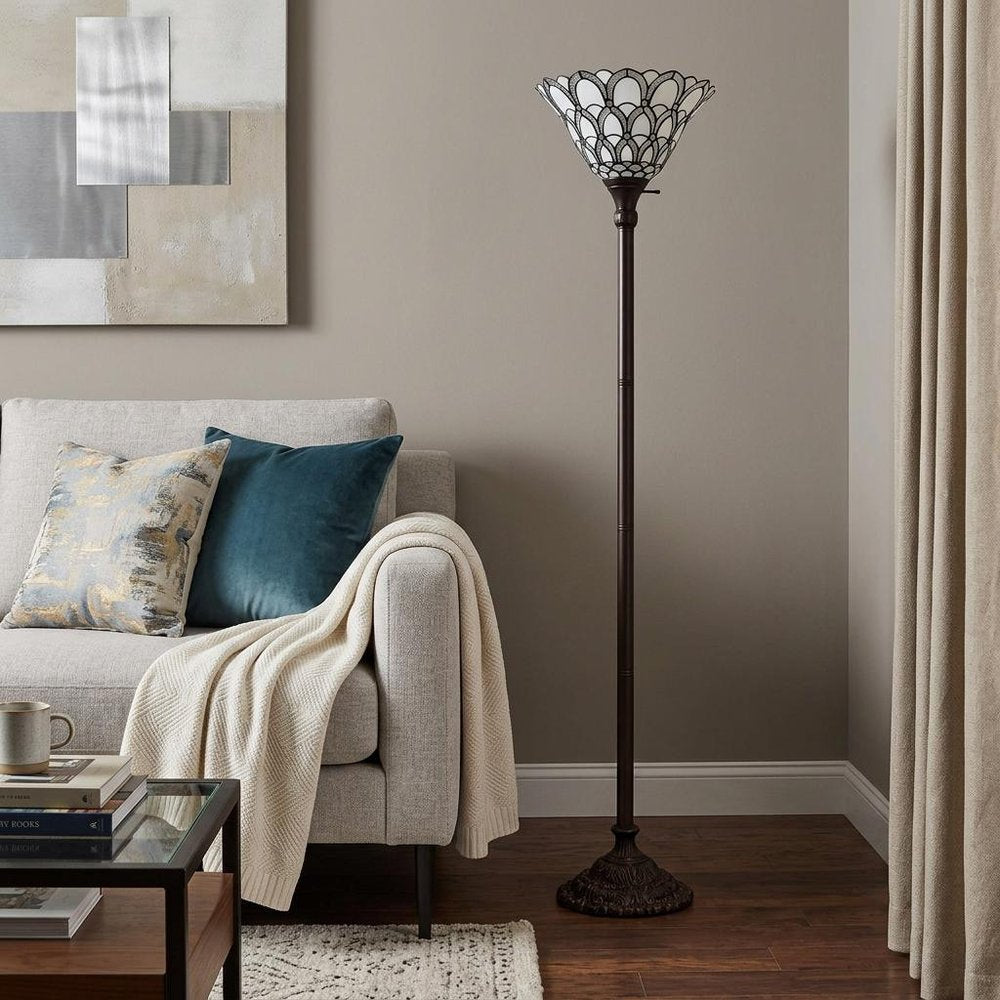 62" Brown And White Floor Lamp With White Peacock Feather Glass Bell Shade