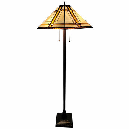 62" Brown And White Two Light Floor Lamp With Brown And White Glass Cone Shade