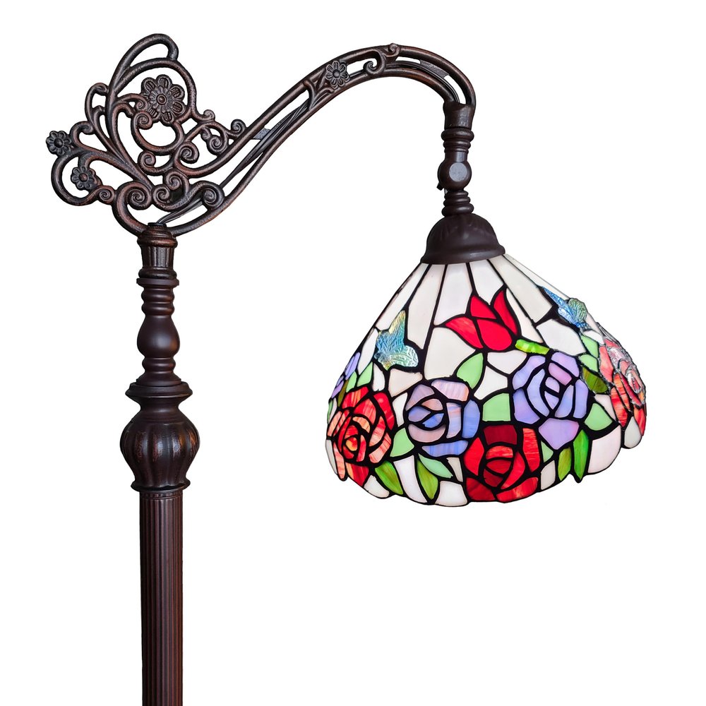 62" Espresso Metal Torchiere Floor Lamp With Green And White Flowers Glass Dome Shade
