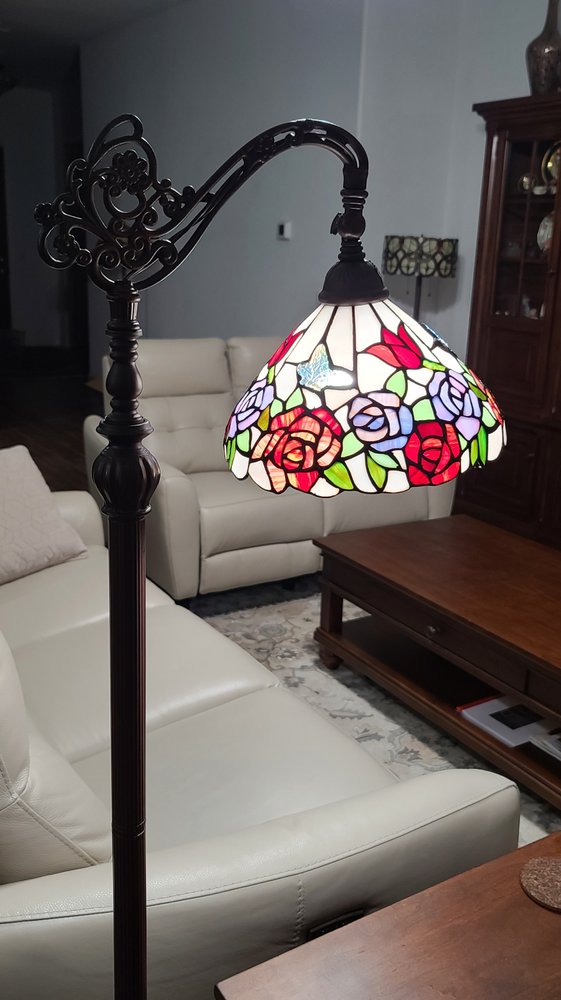 62" Espresso Metal Torchiere Floor Lamp With Green And White Flowers Glass Dome Shade