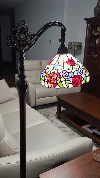 62" Espresso Metal Torchiere Floor Lamp With Green And White Flowers Glass Dome Shade