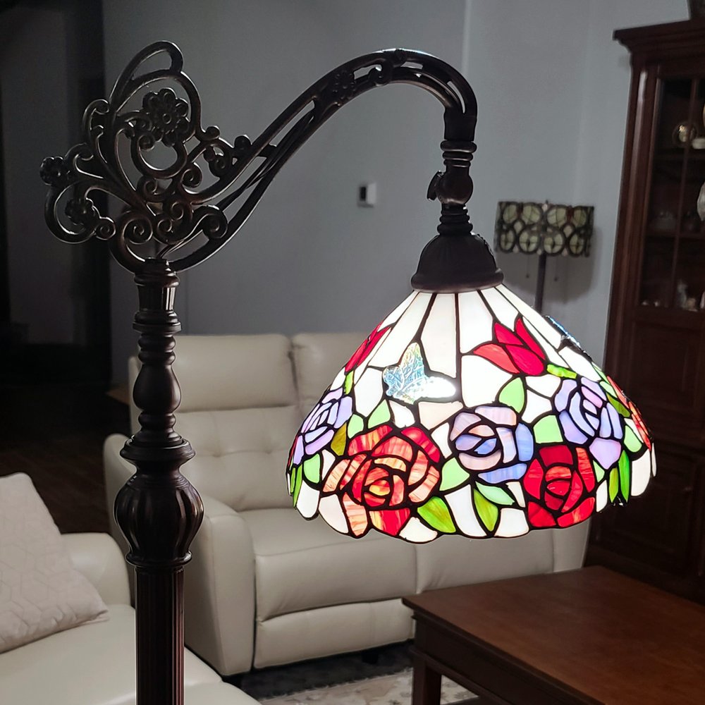 62" Espresso Metal Torchiere Floor Lamp With Green And White Flowers Glass Dome Shade