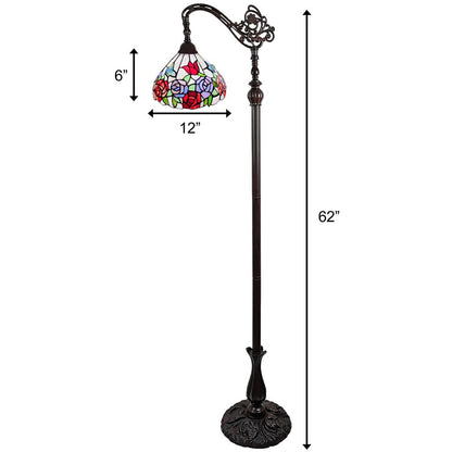 62" Espresso Metal Torchiere Floor Lamp With Green And White Flowers Glass Dome Shade