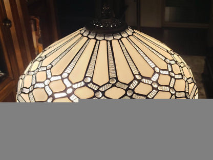 62" Brown And White Two Light Torchiere Floor Lamp With White Geometric Glass Dome Shade
