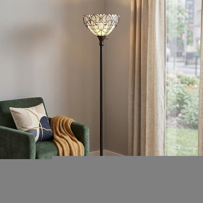 62" Brown Torchiere Floor Lamp With White Tiffany Style Glass Dome Shade