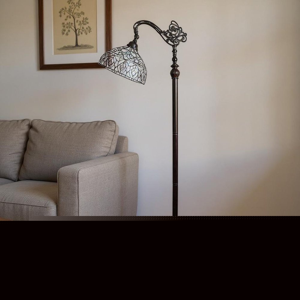 62" Brown And White Torchiere Floor Lamp With White Peacock Feather Glass Dome Shade