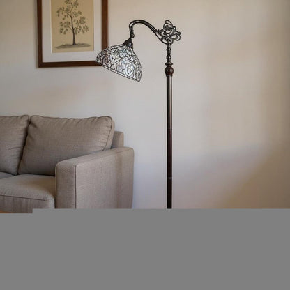 62" Brown And White Torchiere Floor Lamp With White Peacock Feather Glass Dome Shade