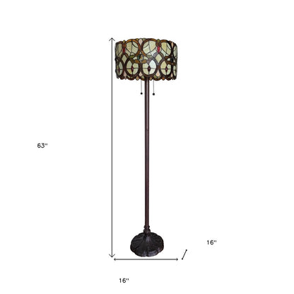 63" Beige Metal Two Light Torchiere Floor Lamp With Red And White Flowers Glass Drum Shade