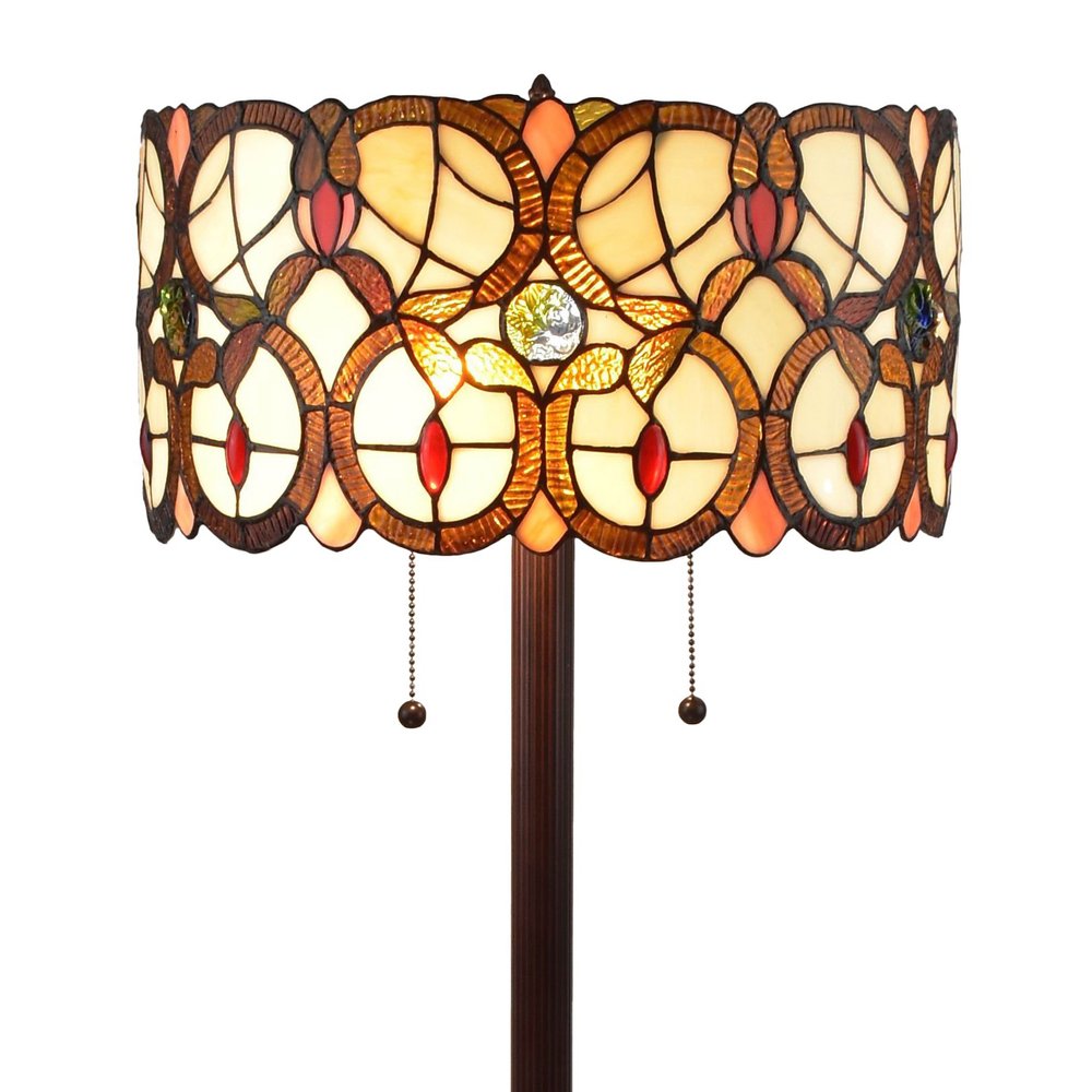 63" Beige Metal Two Light Torchiere Floor Lamp With Red And White Flowers Glass Drum Shade