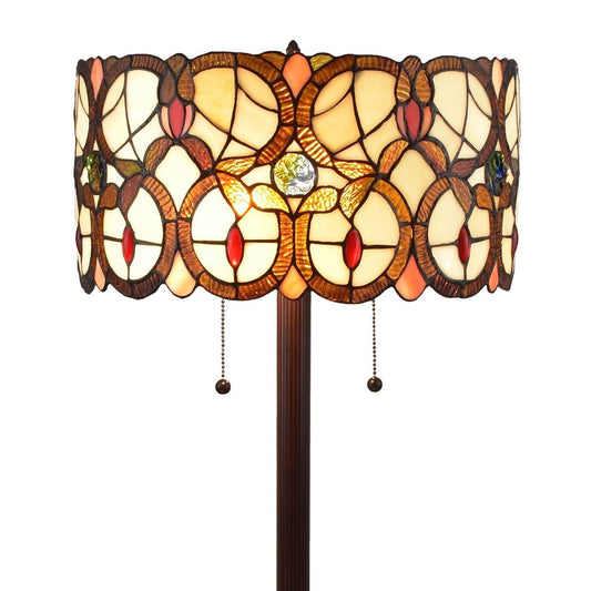63" Beige Metal Two Light Torchiere Floor Lamp With Red And White Flowers Glass Drum Shade