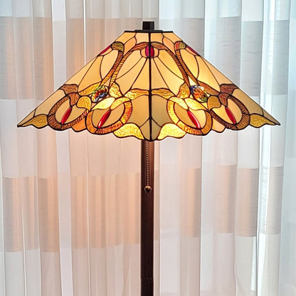 62" Beige Two Light Floor Lamp With Brown And White Glass Cone Shade