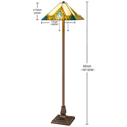62" Two Light Tiffany Style Floor Lamp With Amber Blue And Green Stained Glass Shade