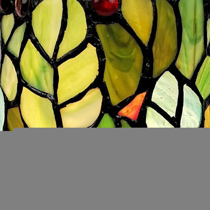 11" Green and Red Leaves and Berries Stained Glass Accent Lamp