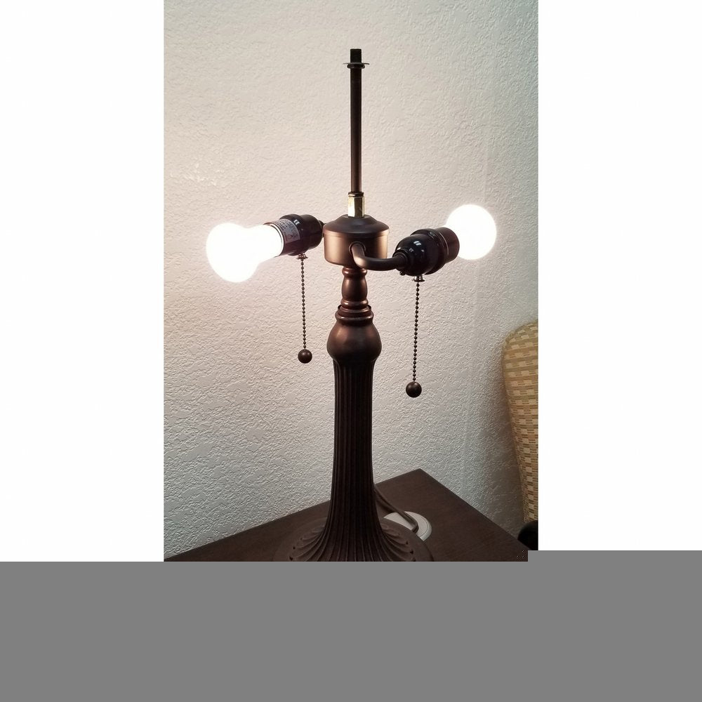 23" Dark Brown Metal Two Light Candlestick Table Lamp With Red and Black Shade