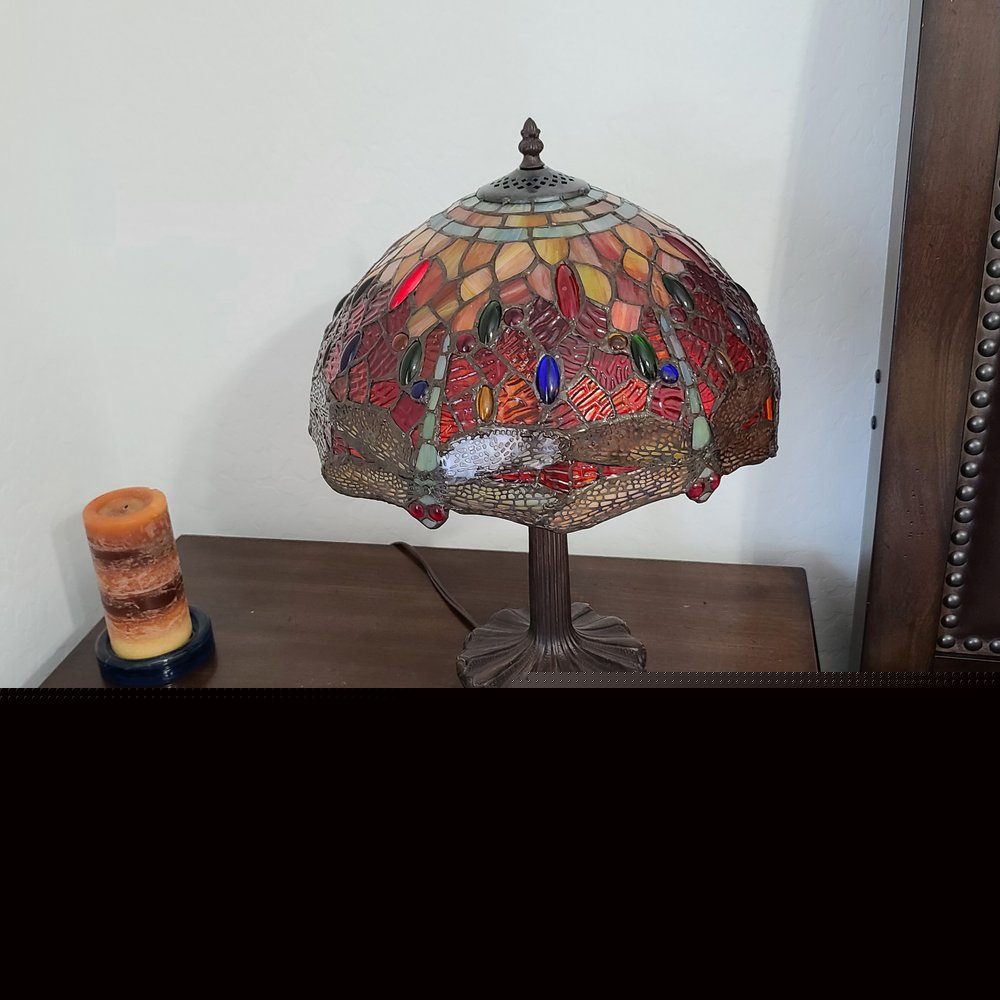 22" Dark Brown Metal Two Light Candlestick Table Lamp With Red and Black Shade