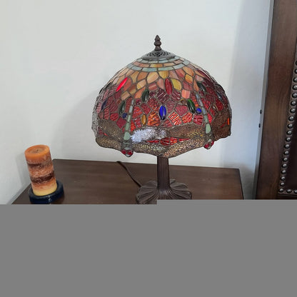 22" Dark Brown Metal Two Light Candlestick Table Lamp With Red and Black Shade