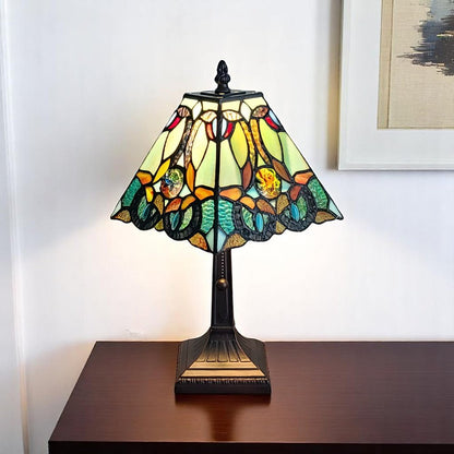 15" Dark Brown Metal Candlestick Table Lamp With Green and Black Shade