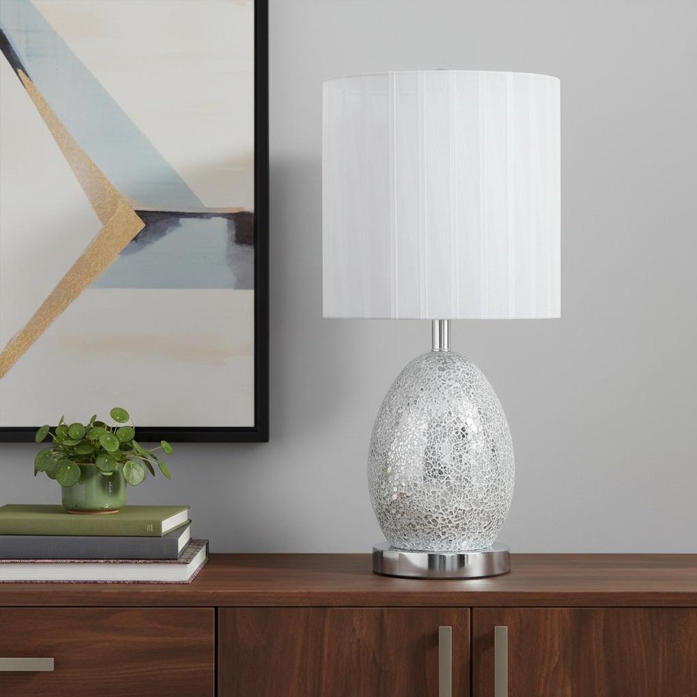 20" White Luster Mirrored Glass Table Lamp With Night Light