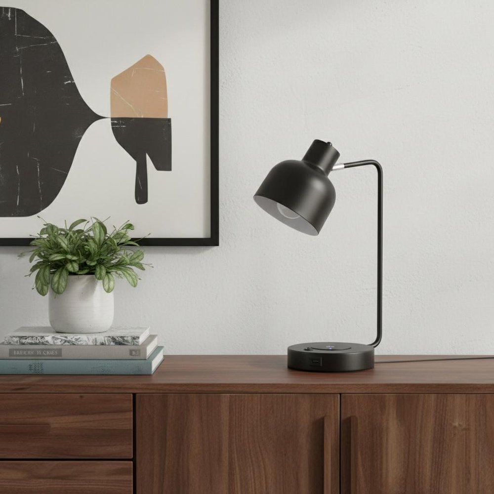 15" Black Metal Desk USB Table Lamp With Black Shade