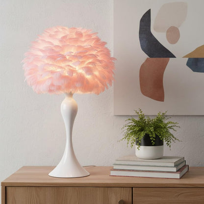 24" Glam Pink Faux Feather and White Metal Table Lamp