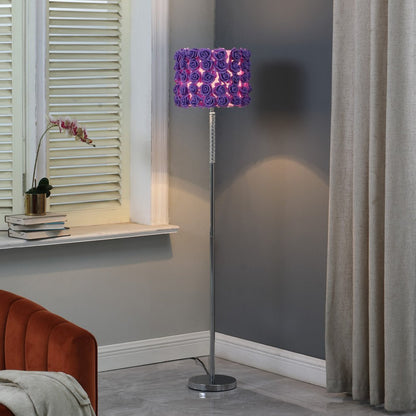 63" Steel and Acrylic Floor Lamp With Yellow Flowers Fabric Drum Shade