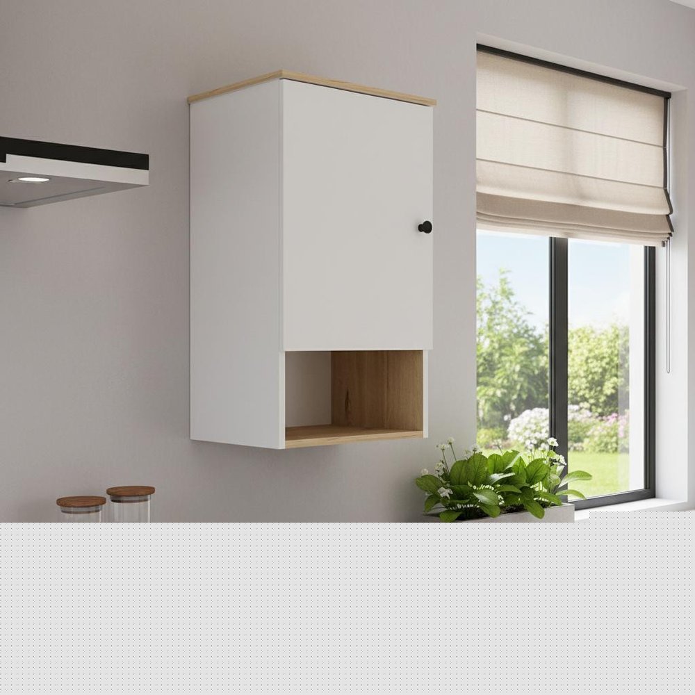 16" Light Oak And White Wall Mounted Cabinet With Three Shelves