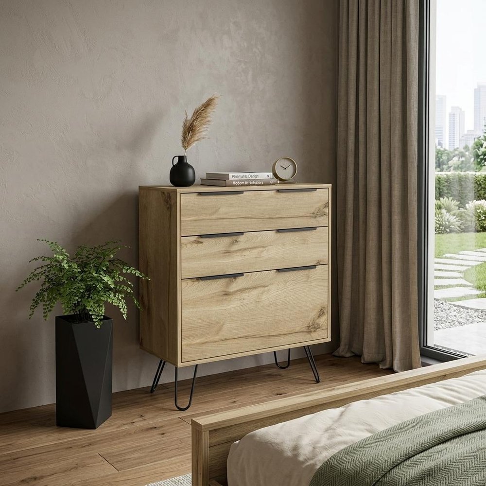 30" Brown And Black Wood Three Drawer Dresser