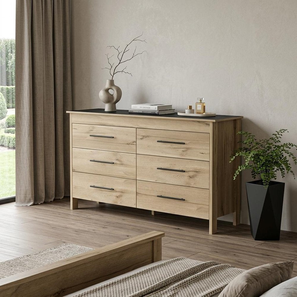 59" Natural And Black Wood Six Drawer Double Dresser