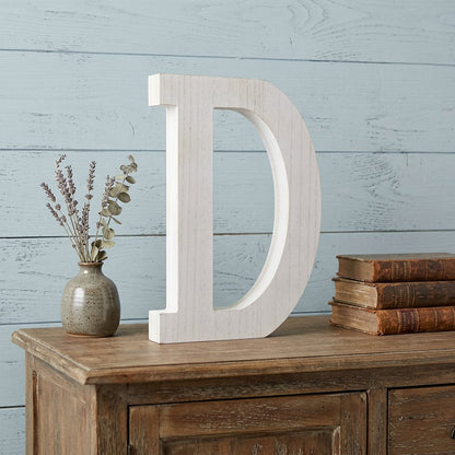 16" Distressed White Wash Wooden Initial Letter D Sculpture
