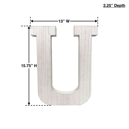 16" Distressed White Wash Wooden Initial Letter U Sculpture