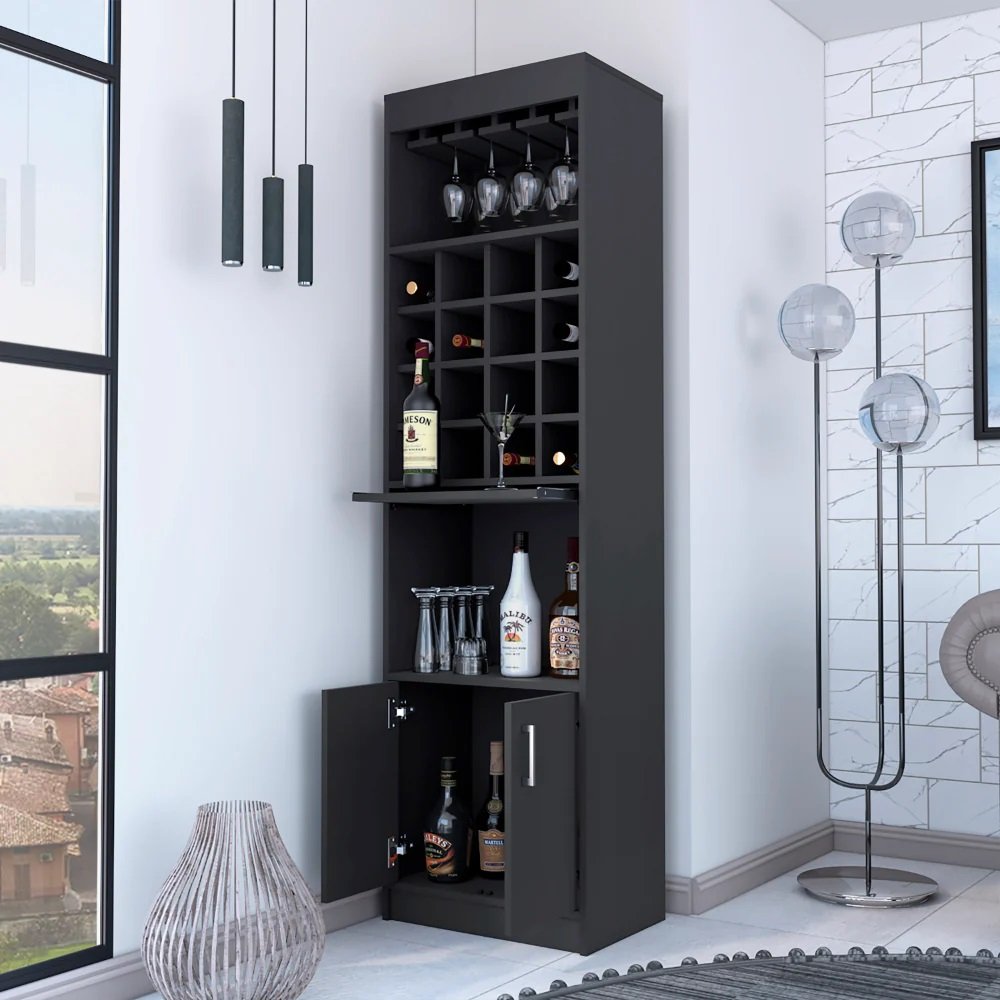 24" Black Bar Cabinet With Eighteen Shelves