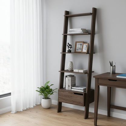 70" Brown Five Tier Ladder Bookcase with A Drawer