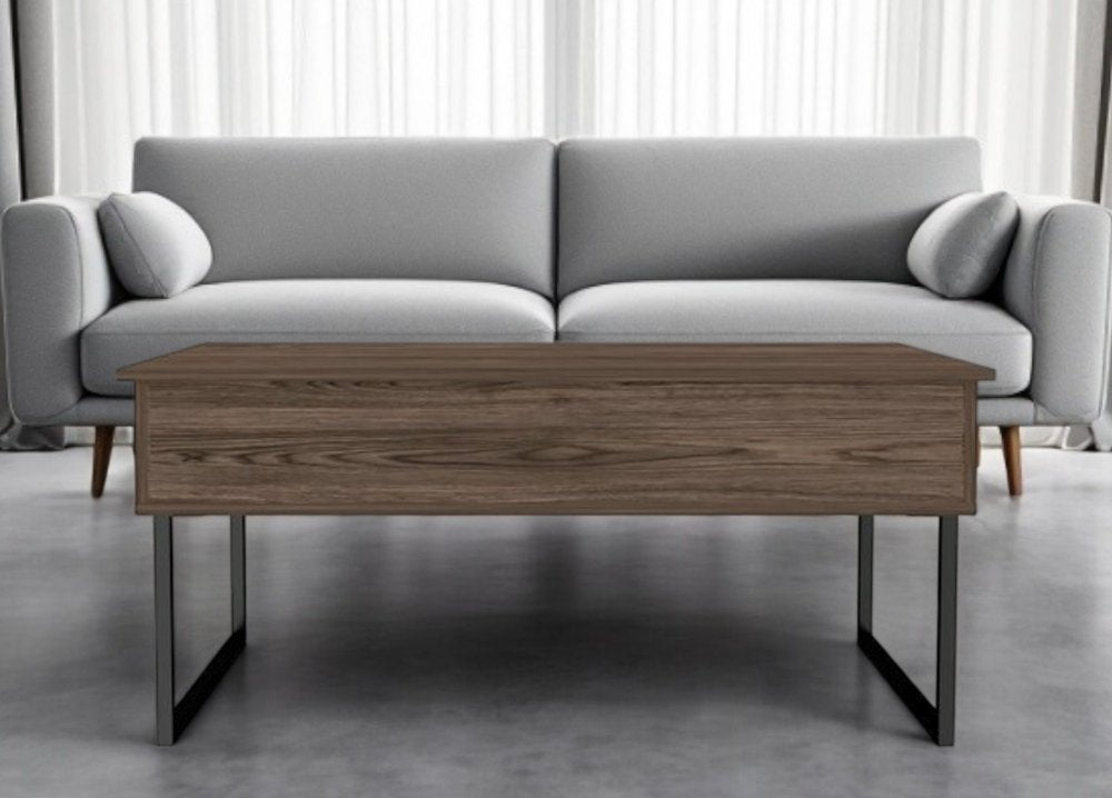 41" Dark Brown and Black Wood and Metal Lift Top Coffee Table