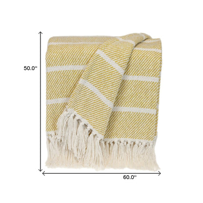 50" X 60" White And Yellow Striped Cotton Woven Throw Blanket