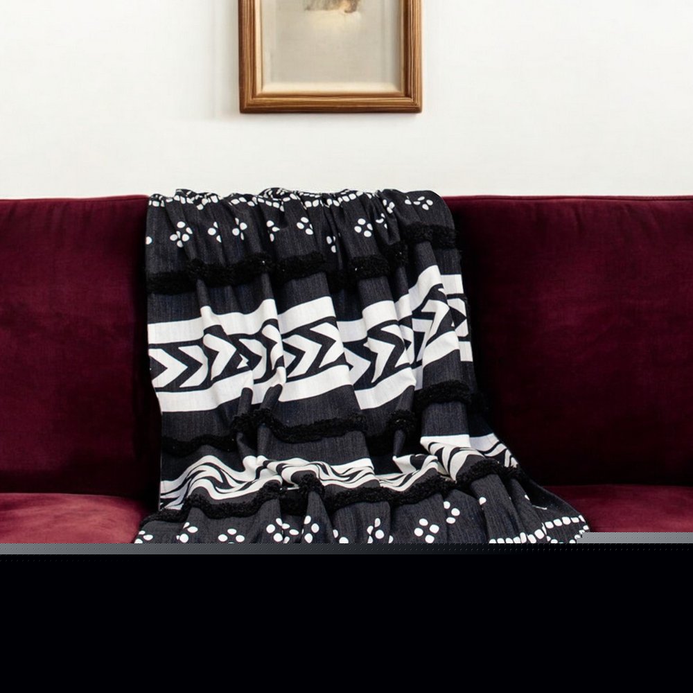 Blue and White Woven Cotton Striped Throw Blanket