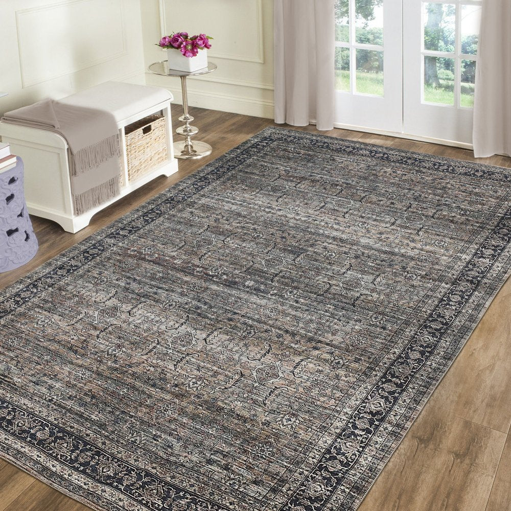 5' X 8' Brown and Blue Oriental Printed Distressed Area Rug