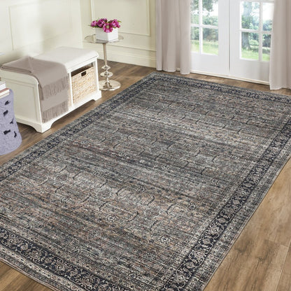 5' X 8' Brown and Blue Oriental Printed Distressed Area Rug