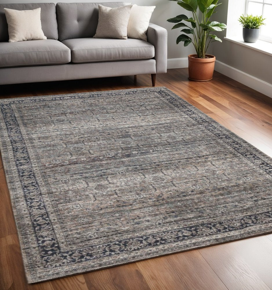 5' X 8' Brown and Blue Oriental Printed Distressed Area Rug