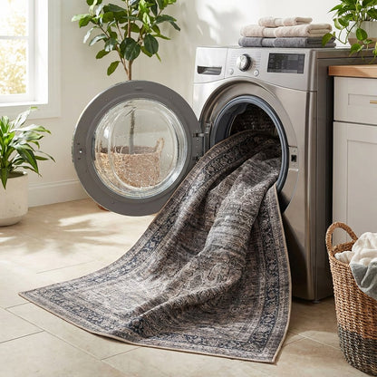 5' X 8' Brown and Blue Oriental Printed Distressed Area Rug