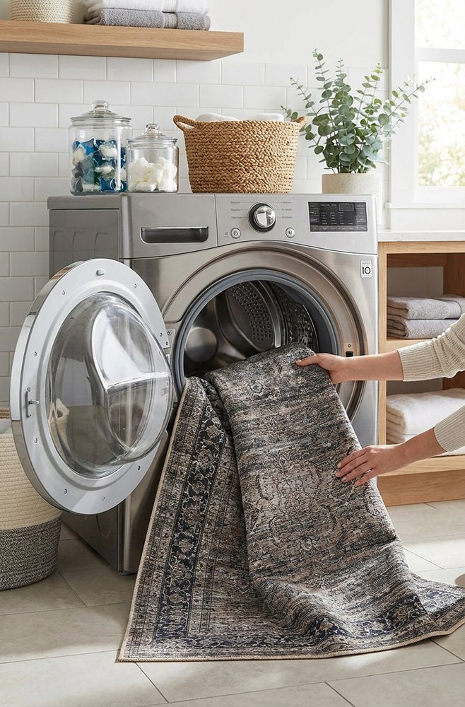 5' X 8' Brown and Blue Oriental Printed Distressed Area Rug